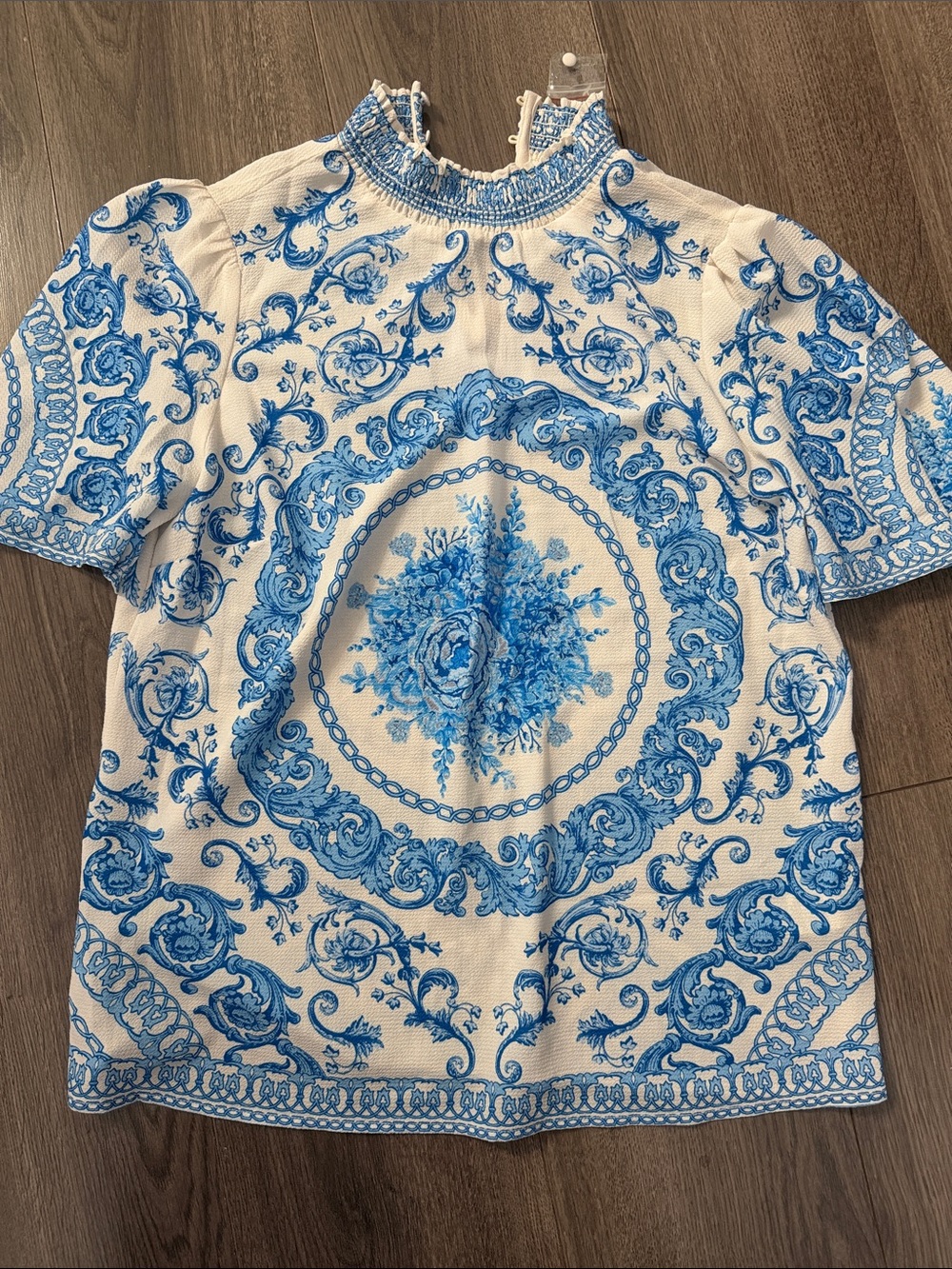 Jealous Tomato White Short Sleeve Blouse with Blue Medallion Print